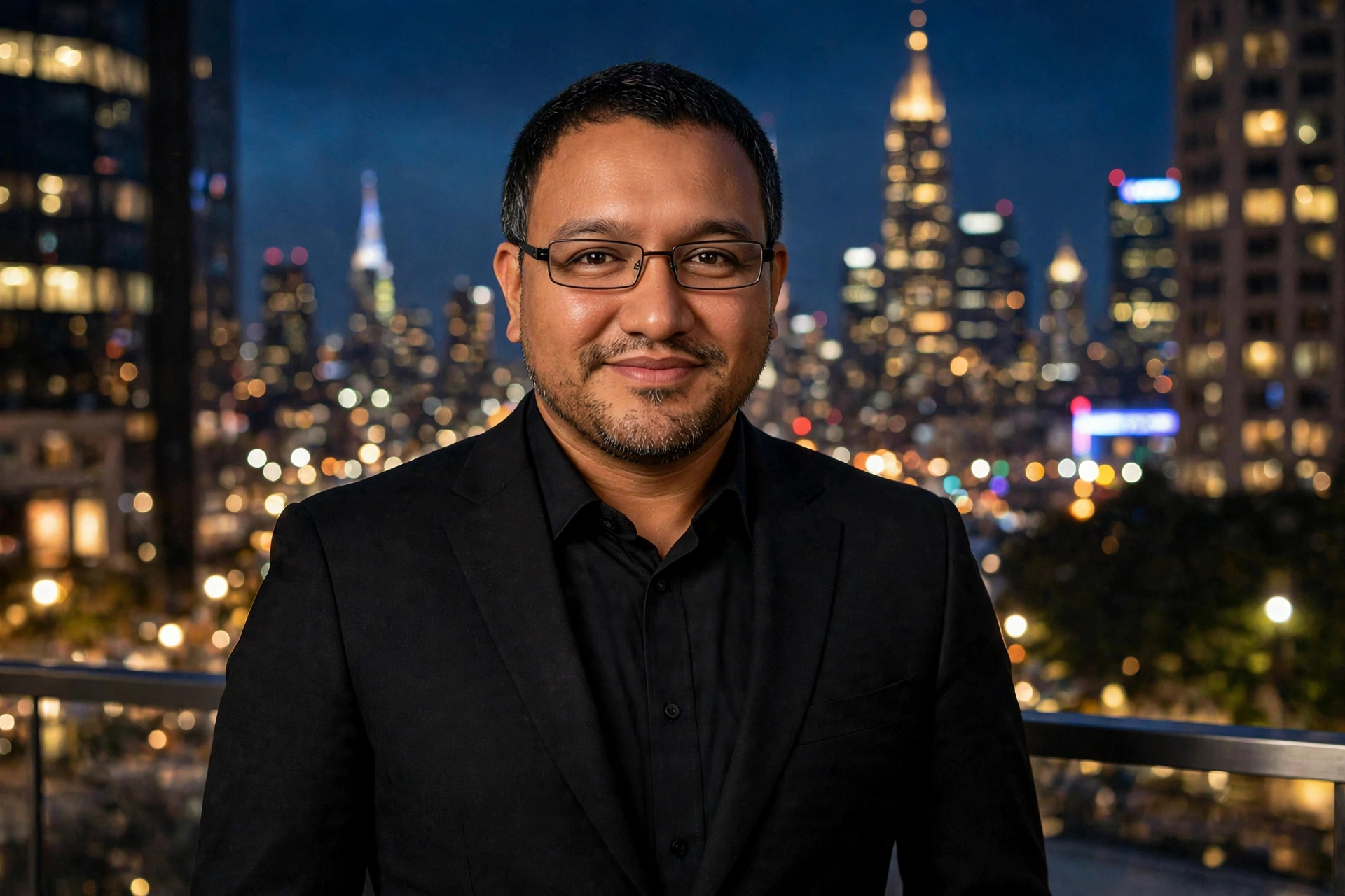 Kuhio Travis in a black suit against the New York City skyline at night