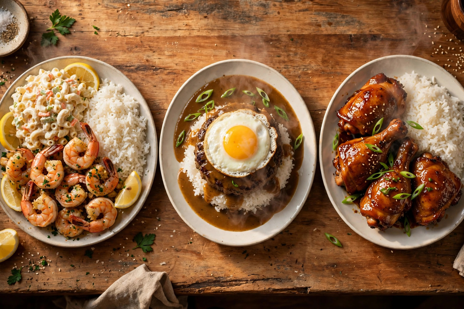 A real spread of Hawaiian plate lunches on the counter — garlic shrimp, loco moco, shoyu chicken, and more